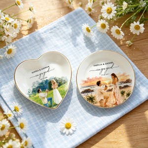 Custom Engagement Ring Dish, Proposal Photo Trinket Tray, Watercolor Couple Portrait Gift, Engaged Ornament, Engagement Gift For Her 画像 10