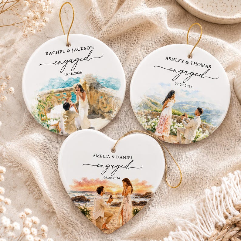 Custom Engagement Ring Dish, Proposal Photo Trinket Tray, Watercolor Couple Portrait Gift, Engaged Ornament, Engagement Gift For Her 画像 7