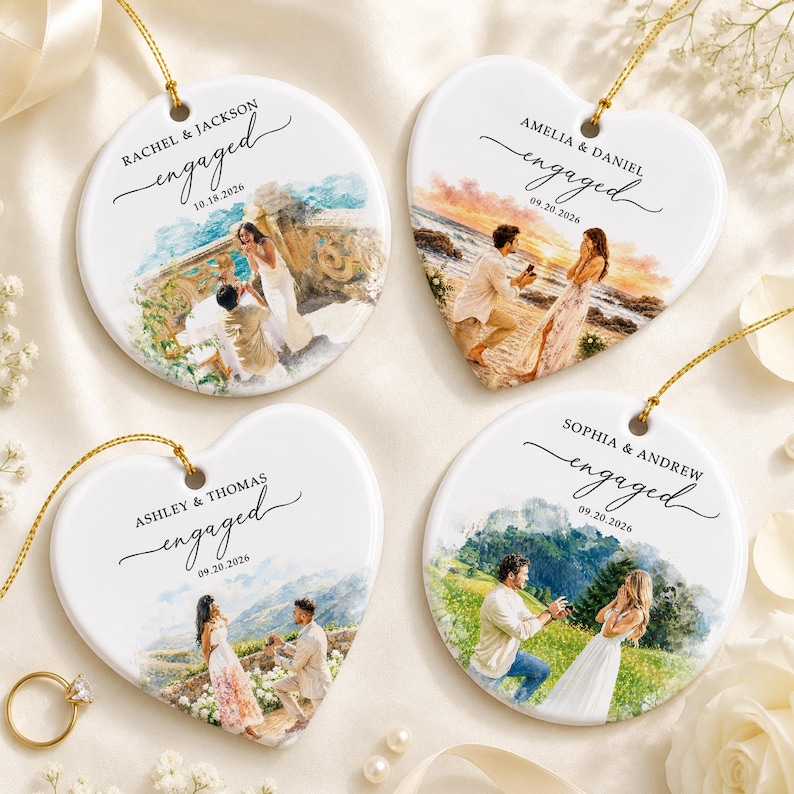 Custom Engagement Ring Dish, Proposal Photo Trinket Tray, Watercolor Couple Portrait Gift, Engaged Ornament, Engagement Gift For Her 画像 9
