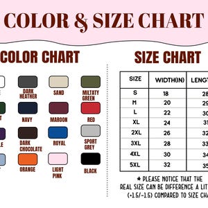 May include: A color and size chart for apparel. The color chart displays a variety of colors, including white, black, and shades of blue, green, and red. The size chart lists sizes S to 5XL, with corresponding width and length measurements in inches.
