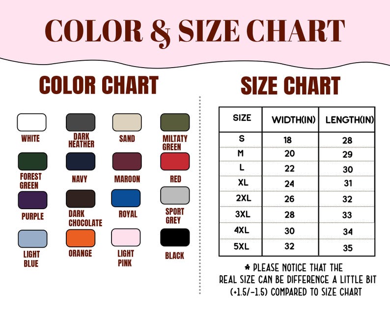May include: A color and size chart for apparel. The color chart displays a variety of colors, including white, black, and shades of blue, green, and red. The size chart lists sizes S to 5XL, with corresponding width and length measurements in inches.