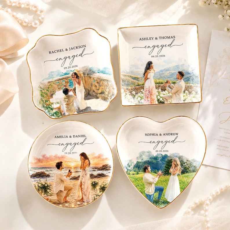 Custom Engagement Ring Dish, Proposal Photo Trinket Tray, Watercolor Couple Portrait Gift, Engaged Ornament, Engagement Gift For Her 画像 3