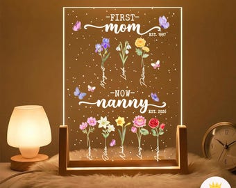 Custom Birth Flower Night Light: First Mom Now Grandma Gift, Custom First Mom Now Nana Night Light, Grandma's Garden Night Light for Her