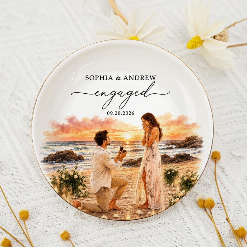 Custom Engagement Ring Dish, Proposal Photo Trinket Tray, Watercolor Couple Portrait Gift, Engaged Ornament, Engagement Gift For Her 画像 2