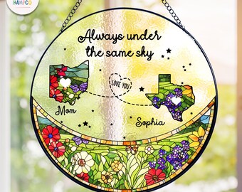 Personalized Long Distance Mom Stained Glass Suncatcher, Personalized State to State Mothers Day Gift, Gift for Mom from Daughter