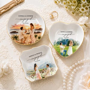 Custom Engagement Ring Dish, Proposal Photo Trinket Tray, Watercolor Couple Portrait Gift, Engaged Ornament, Engagement Gift For Her 画像 8
