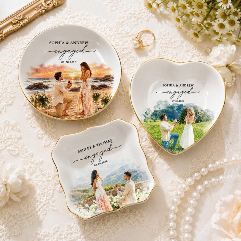 Custom Engagement Ring Dish, Proposal Photo Trinket Tray, Watercolor Couple Portrait Gift, Engaged Ornament, Engagement Gift For Her 画像 8