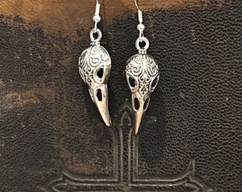 Raven Skull Earrings Bird Crow Gothic Witchy Silver Jewelry Gift