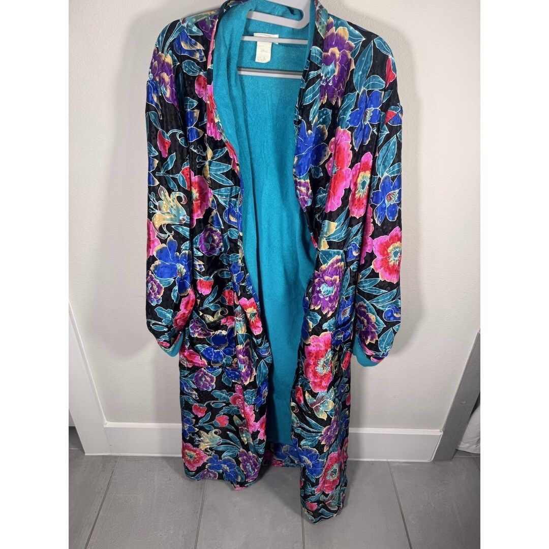 Adonna Terry Robe VINTAGE Adonna Floral Robe Terry Cloth Bathrobe Large Vibrant Flowers ...