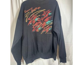 Sweat-shirt de Noël vintage 1992, taille XL, motif poinsettia noir, idéal pour les fêtes.