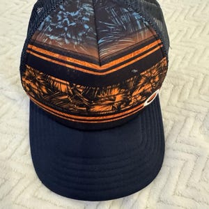 Oakley Snapback Hat Navy Blue Bright Orange Foam Mesh Trucker Beach Surf Cyber