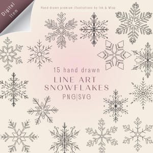 Może przedstawiać: Cyfrowy przedmiot przedstawiający 15 ręcznie rysowanych płatków śniegu w czarnym kolorze. Płatki śniegu mają skomplikowane wzory i są wyświetlane na miękkim, gradientowym tle. Tekst na obrazie brzmi "LINE ART SNOWFLAKES PNG|SVG".