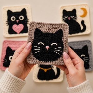 May include: A square crochet patch featuring a black cat face with white whiskers and a pink nose on a light brown background. The cat has closed eyes and a smiling expression. Other similar crochet squares with black cat designs are visible.