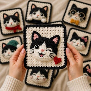 May include: A square crochet patch featuring a black and white cat face with a winking expression and a small red heart appliqué. The cat has pink inner ears and a white muzzle. The patch is bordered by a black and white textured crochet frame.