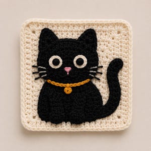 May include: A square crochet coaster featuring a black cat with large white eyes, a small pink nose, and grey whiskers. The cat wears a mustard yellow collar with a small circular charm. The background is a cream-colored square crochet pattern.