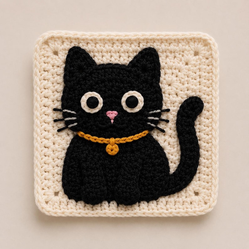 May include: A square crochet coaster featuring a black cat with large white eyes, a small pink nose, and grey whiskers. The cat wears a mustard yellow collar with a small circular charm. The background is a cream-colored square crochet pattern.