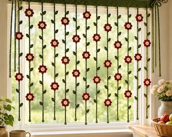 Crimson Garden Vine Crochet Curtain Pattern, Vintage Floral Lace  (Digital Download)