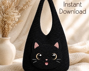 Crochet Cat Hobo Bag Pattern, Slouchy Tote with Paw Design  (Digital Download)