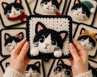 Tuxedo Cat Granny Square Crochet Pattern, 10-Design Kitty Blanket Motif Collection(Digital Download)