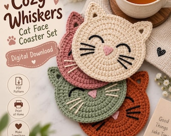 Sleepy Cat Face Crochet Coaster Pattern, Embroidered Whiskers(PDF Download)