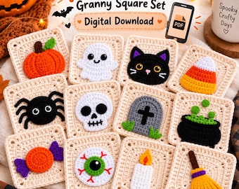 12 Halloween Granny Square Crochet Patterns PDF Bundle, Spooky Motifs Intarsia design (Instant Download)