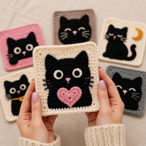 May include: A square crochet patch featuring a black cat with large white eyes and a pink heart on a cream background, surrounded by other square crochet patches in pink, brown, cream, and gray, each displaying a black cat design.
