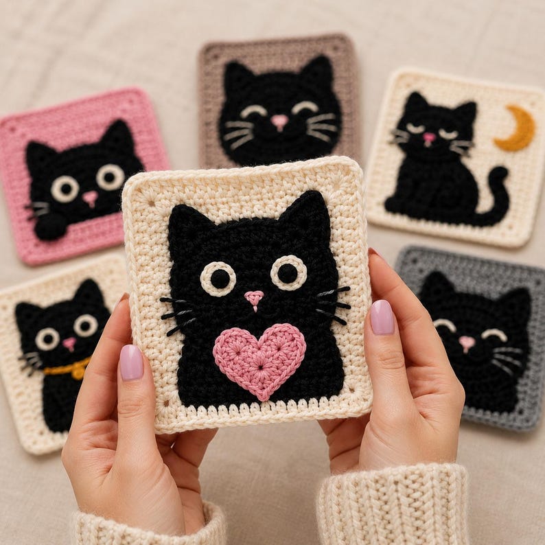 May include: A square crochet patch featuring a black cat with large white eyes and a pink heart on a cream background, surrounded by other square crochet patches in pink, brown, cream, and gray, each displaying a black cat design.