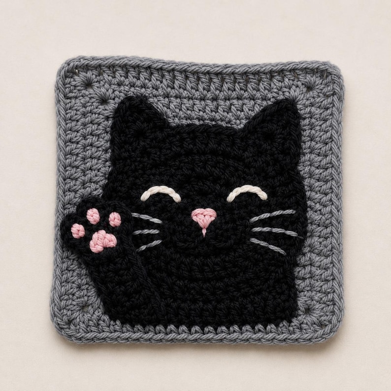 May include: A square crochet coaster featuring a black cat face with a raised paw. The cat has white embroidered eyes, a pink nose, and grey whiskers. The paw pad is pink. The cat is centered on a textured grey square background with a border.
