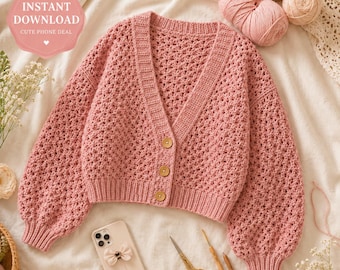 Rosecloud Balloon-Sleeve Cropped Cardigan Crochet Pattern, Chunky Cardigan PDF, Handmade Sweater Gift