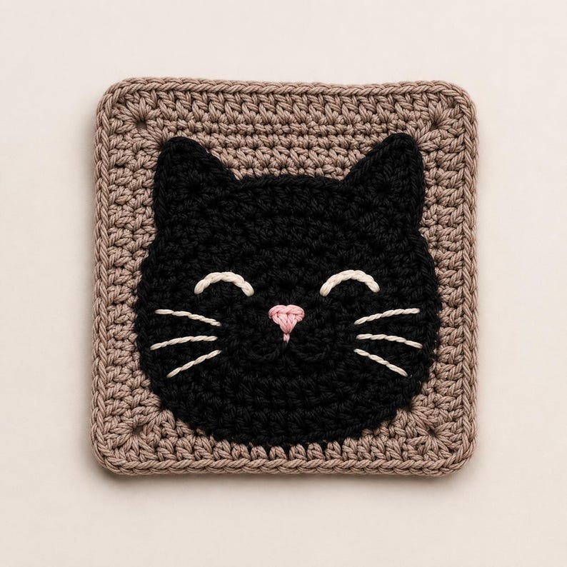 May include: A square crochet coaster featuring a black cat face centered on a light brown background. The cat has embroidered white curved eyes, white whiskers, and a small pink triangular nose, all worked in a detailed yarn stitch pattern.