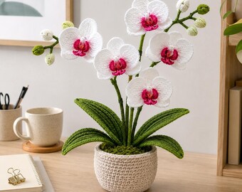 Crochet Orchid Pattern, White Pink Flower Pot, Realistic Plant Decor (PDF Download)