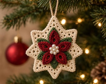 Crochet Christmas Ornament Pattern PDF, Daisy Poinsettia Tree Decor, Handmade Holiday Decor Set 2 Crochet Snowflake Christmas Ornament