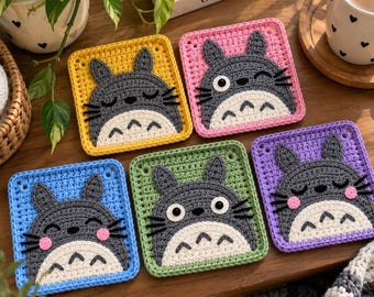Totoro Crochet Square Pattern, 5 Appliqué Intarsia Design Versions Digital PDF