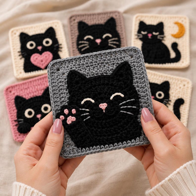 May include: A square crochet patch featuring a black cat with a pink nose and a raised paw on a grey background. The cat has closed eyes and white whiskers. Other similar crochet squares with black cat designs are visible in the background.