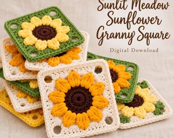 Crochet Sunflower Granny Square Pattern: Easy Boho Tutorial Intarsia Design (PDF Pattern)