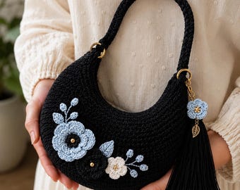 Midnight Bloom Crochet Hobo Bag Pattern, Floral Boho Shoulder Bag  (PDF Tutorial)