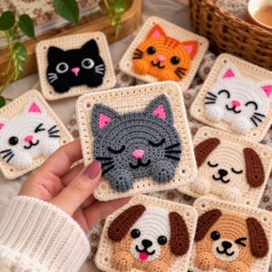 Puede incluir: Una colección de posavasos cuadrados de ganchillo con varias caras de animales, incluidos gatos y perros. Cada posavasos está hecho de hilo color crema con un diseño central de cabeza de animal en 3D en colores como negro, naranja, blanco, gris y marrón.