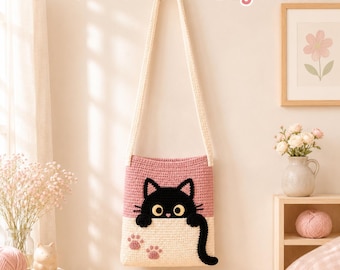 Crochet Cat Bag Pattern Intarsia Design Shoulder Purse Digital Download Crochet Black Cat Bag Pattern: Intarsia Tote PDF Pattern