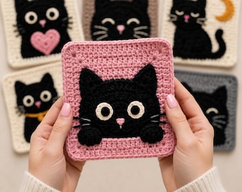 Black Cat Crochet Square Pattern, Appliqué Coaster, Intarsia Design(PDF Download)