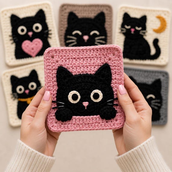 Black Cat Crochet Square Pattern, Appliqué Coaster, Intarsia Design(PDF Download)