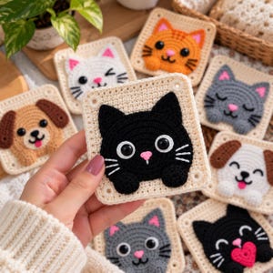 Peut inclure: Une collection de carrés au crochet représentant divers visages d'animaux, dont un chat noir, un chat orange, un chat gris et un chien marron et blanc. Chaque carré est bordé de fil crème et orné de détails en fil coloré.