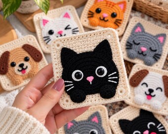 Cat & Puppy Crochet Square Pattern, 12 Animal Applique Intarsia Designs (Digital PDF)