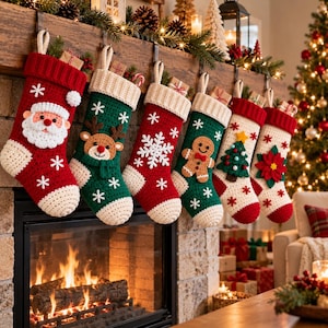 May include: A row of six crocheted Christmas stockings hanging from a wooden mantel. The stockings feature festive designs including Santa Claus, a reindeer, a large snowflake, a gingerbread man, a Christmas tree, and a red poinsettia flower.