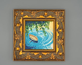 Small Boat in Lake Acrylic Painting, 4x4“ Framed Mini Wall Art, ,valentines day gift