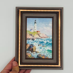 Original Mini Oil Painting， 4x6” Framed Portland Head Light, Hand Painted Coastal Lighthouse Scene