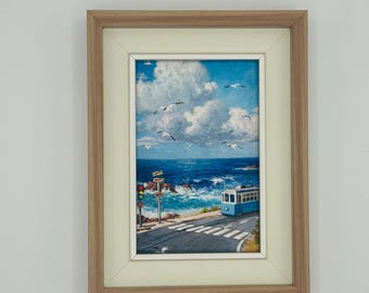 Handgeschilderd minilandschap aan zee, 4 x 6, ingelijste muurkunst (klein olieverfschilderij)