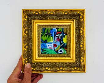 Original Mini Picasso Style Abstract Face Oil Painting Framed,4” Hand Painted Cubist Vibrant Portrait
