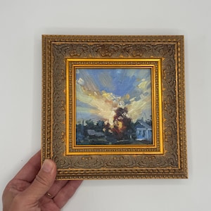 Original Mini Oil Painting，5x5” Framed Dramatic Cloudscape Landscape, Impressionist Fiery Sunset Sky