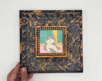 Original Mini Cat Oil Painting Framed,4” Hand Painted Gray Kitty Portrait on  Canvas Board,