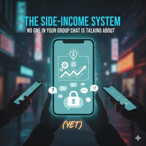 May include: A teal smartphone with a glowing outline displays financial icons and a lock symbol. The text reads "THE SIDE-INCOME SYSTEM" and "NO ONE IN YOUR GROUP CHAT IS TALKING ABOUT (YET)". Two other phones are visible.